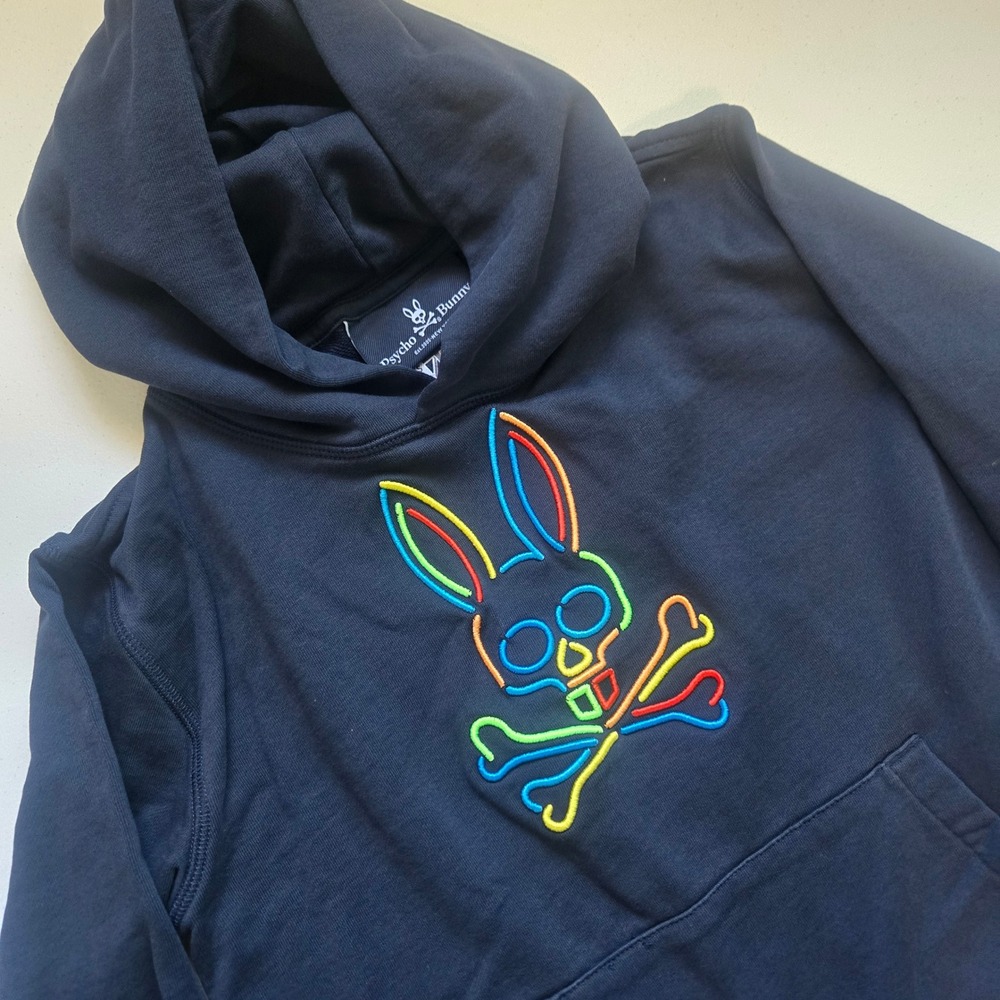 Psycho Bunny Kids Navy Blue Neon Embroidered Logo Pullover Hoodie Size S 7/8